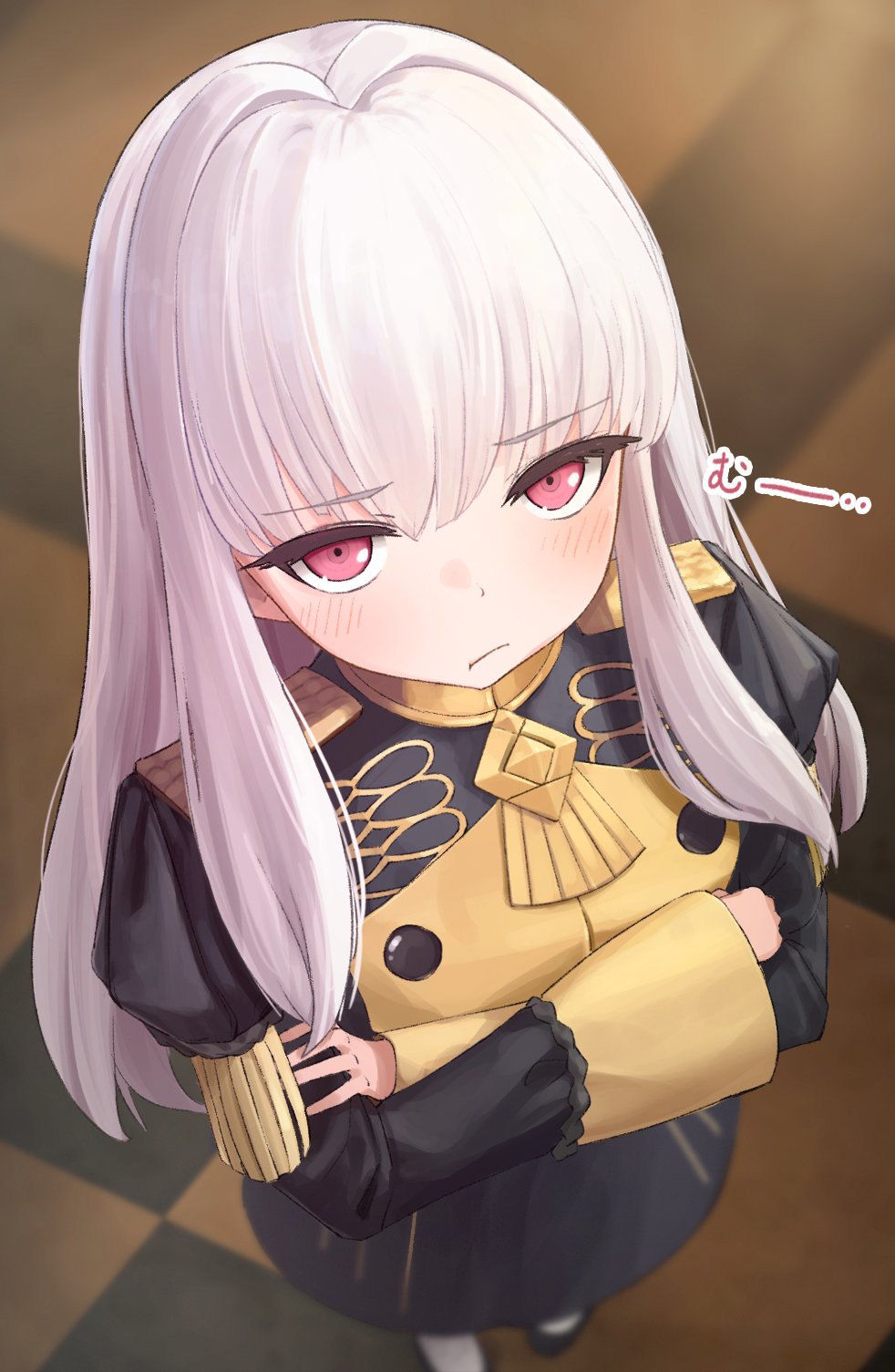 1girl, black_dress, blush, commentary_request, crossed_arms, dokon, dress, fire_emblem