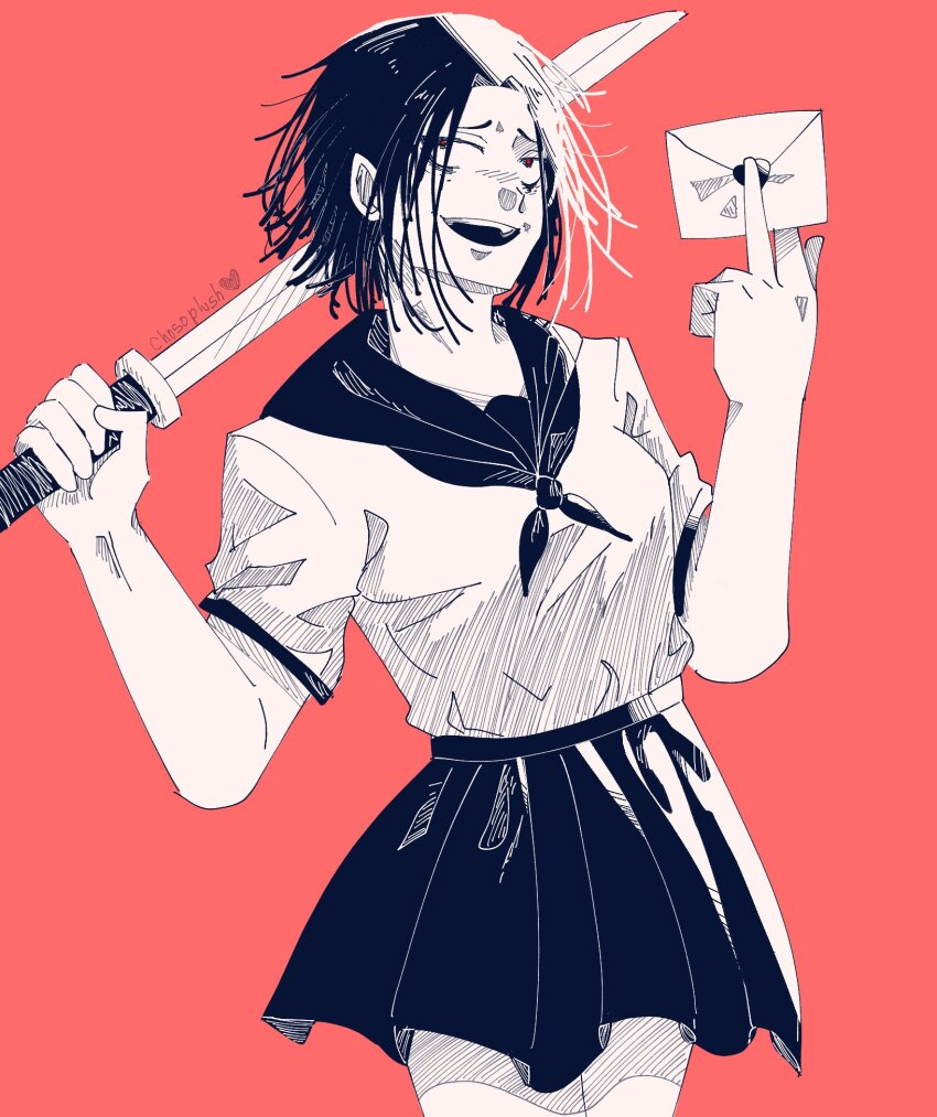 1girl, black_skirt, chosoplush, commentary, english_commentary, envelope, genderswap, genderswap_(mtf), highres, holding, holding_envelope, holding_sword, holding_weapon, kagurabachi, medium_hair, messy_hair, multicolored_hair, open_mouth, red_background, red_eyes, school_uniform, skirt, soujou_genichi, standing, sword, two-tone_hair, weapon, yandere