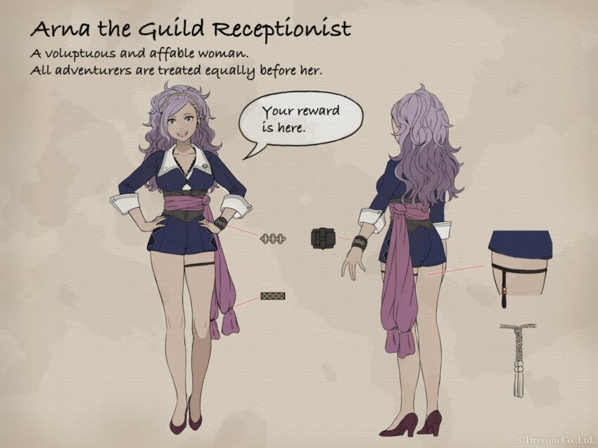 1girl, arna_(wizardry), breasts, choker, cleavage, collarbone, concept_art, grey_eyes, hands_on_own_hips, high_heels, large_breasts, purple_hair, purple_sash, receptionist, sash, shorts, skindentation, sleeve_cuffs, tagme, thighs, wizardry, wizardry_variants_daphne, wristband