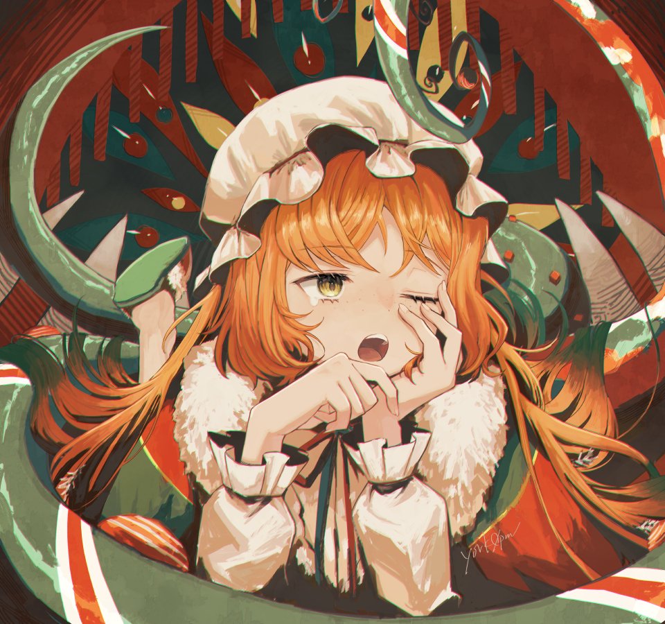 1girl, christmas_nightmare_(e.g.o), e.g.o_(project_moon), frilled_sleeves, frills, green_eyes, hands_up, hat