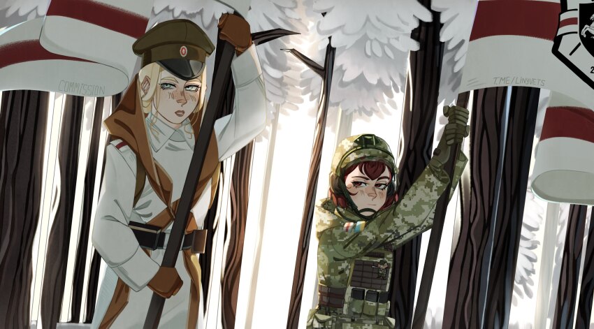 2girls, ammunition, ammunition_pouch, artist_name, belarusian_opposition, blonde_hair, blush, brown_gloves