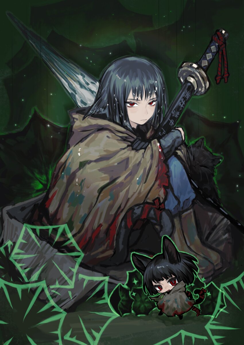 1girl, black_gloves, black_hair, blue_pants, bob_cut, boots, brown_boots, brown_cloak, brown_raincoat, chibi, cloak, closed_mouth, crossed_arms, e.g.o_(project_moon), gloves, green_background, highres, limbus_company, looking_at_viewer, ootachi, pants, project_moon, red_eyes, ryoshu_(project_moon), shan23852196, sitting, solo, sunshower_(e.g.o), torn_umbrella, umbrella