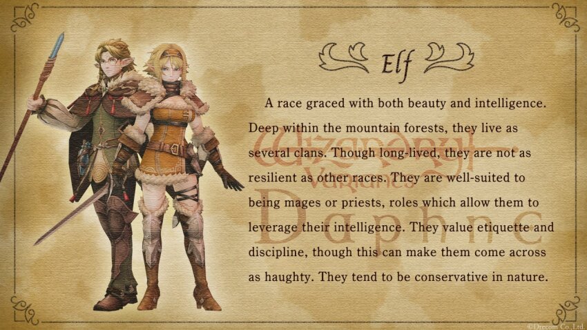 1boy, 1girl, armored_boots, belt, blonde_hair, boots, breasts, capelet, dino_(wizardry), dress, elf, elise_(wizardry), fur-trimmed_boots, fur-trimmed_capelet, fur-trimmed_dress, fur-trimmed_gloves, fur_trim, gloves, headband, holding, holding_staff, holding_sword, holding_weapon, large_breasts, leather, leather_gloves, monocle, official_art, pointy_ears, promotional_art, scabbard, scar, scar_on_arm, scar_on_leg, sheath, staff, sword, tagme, weapon, wizardry, wizardry_variants_daphne