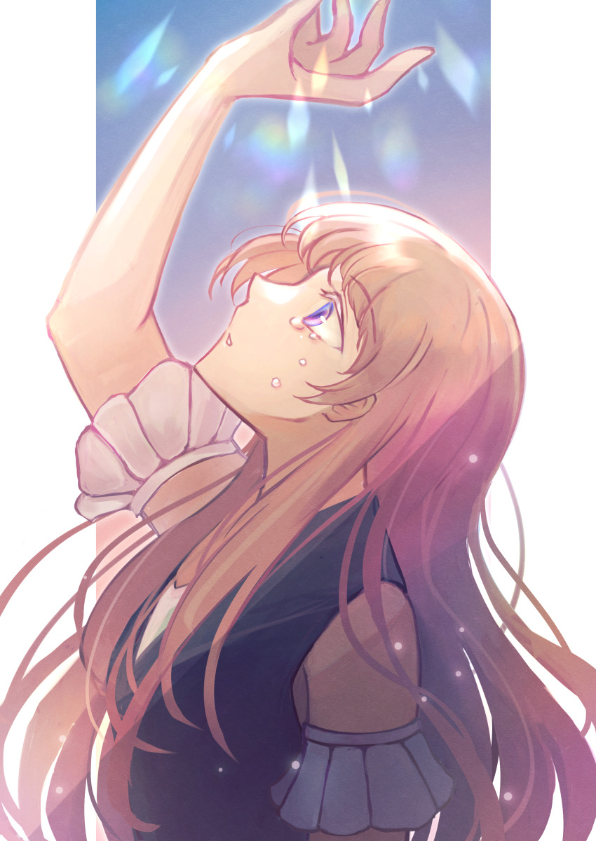 1girl, absurdres, breasts, brown_hair, commentary_request, detached_sleeves, hand_up, highres