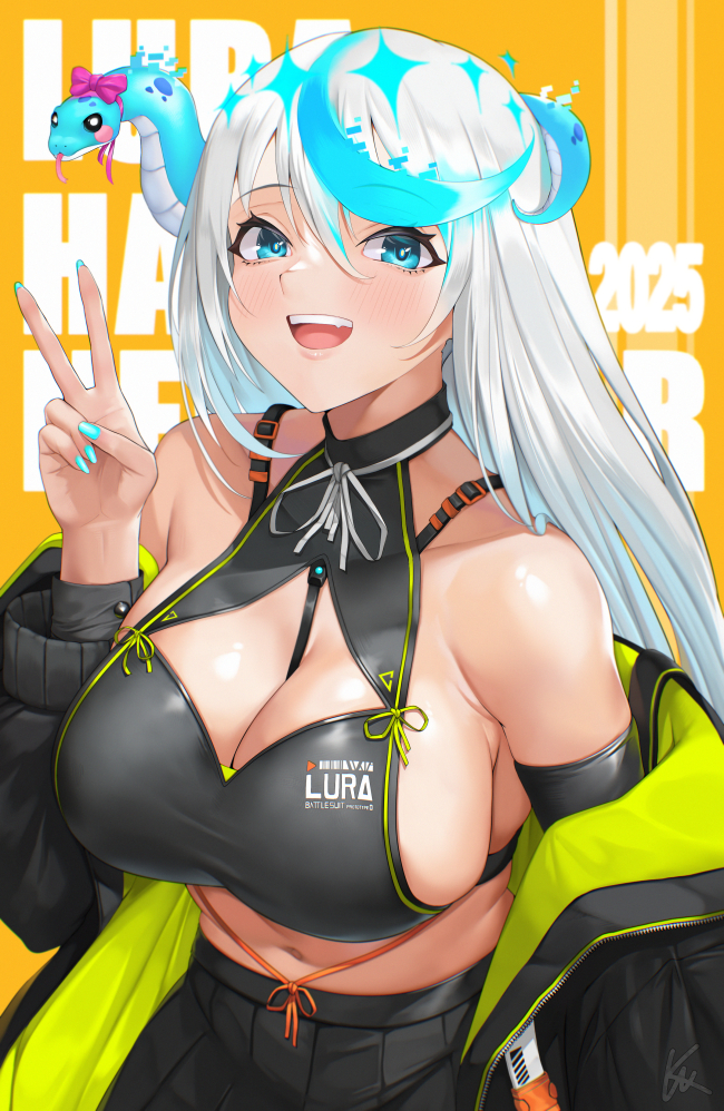 1girl, 2025, :d, animal_ears, bare_shoulders, black_jacket, black_skirt, blue_eyes