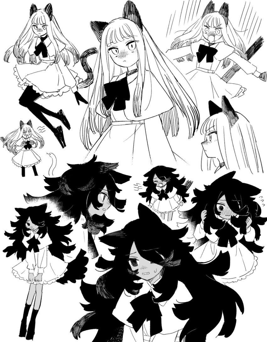 2girls, adjusting_hair, animal_ears, arisancake, blush, bow, bowtie, capelet