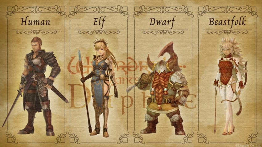 2boys, 2girls, amelia_(wizardry), animal_ears, armor, arrow_(projectile), axe, battle_axe, benjamin_(wizardry), blonde_hair, bow_(weapon), brown_hair, cat_ears, cat_girl, cat_tail, dwarf, elf, flut_(wizardry), gandolfo_(wizardry), high_heels, holding, holding_axe, holding_bow_(weapon), holding_sword, holding_weapon, multiple_boys, multiple_girls, official_art, over_shoulder, pointy_ears, promotional_art, red_hair, scabbard, sheath, staff, sword, tagme, tail, weapon, weapon_over_shoulder, white_hair, wizardry, wizardry_variants_daphne