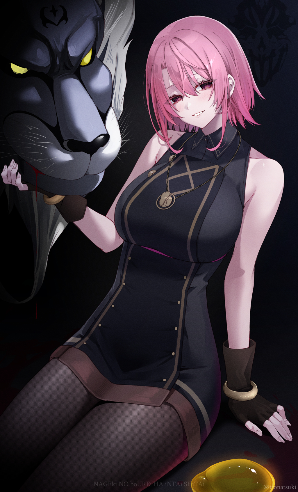1girl, arm_at_side, arm_support, armpit_crease, artist_name, bare_shoulders, black_background, black_dress, blood, blood_from_mouth, blush, bracelet, breasts, brown_gloves, brown_pantyhose, closed_mouth, collared_dress, colored_sclera, copyright_name, dress, empty_eyes, eyebrows_hidden_by_hair, facial_mark, fingerless_gloves, forehead_mark, gloves, grin, hair_between_eyes, half-closed_eyes, hand_up, head_tilt, highres, ironatsuki, jewelry, large_breasts, legs_together, lips, looking_at_viewer, manticore_(mythology), monster, nageki_no_bourei_wa_intaishitai, neck, necklace, pantyhose, parted_lips, petting, pink_hair, purple_eyes, short_dress, simple_background, sitri_smart, sitting, sleeveless, sleeveless_dress, smile, thick_thighs, thighs, yandere, yellow_sclera