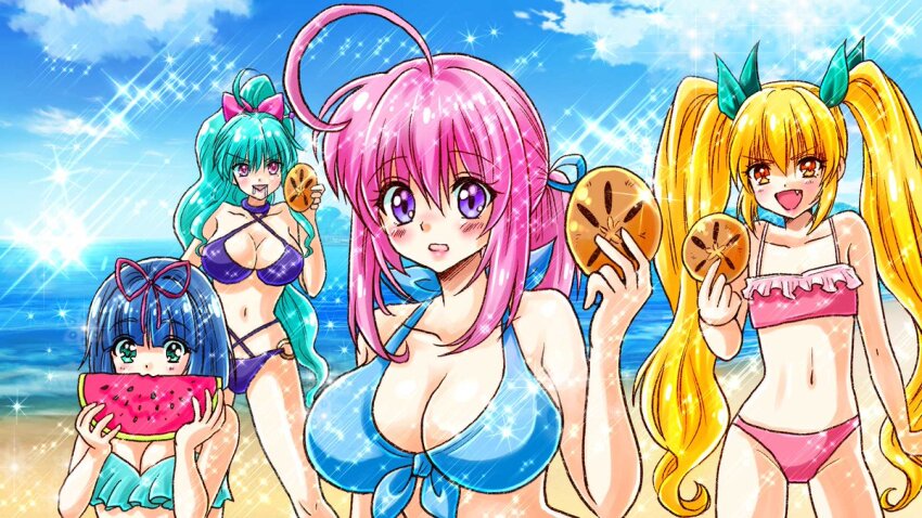 4girls, ahoge, beach, bikini, blue_bikini, blue_hair, blush, blush_stickers