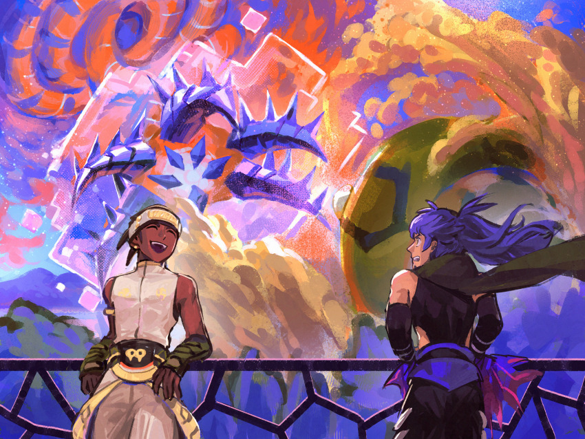 2boys, black_hair, closed_eyes, dark-skinned_male, dark_skin, dynamax, earrings, eternatus