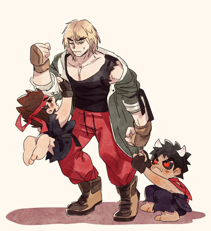 3boys, armband, arms_up, barefoot, beard_stubble, belt, black_armband, black_belt