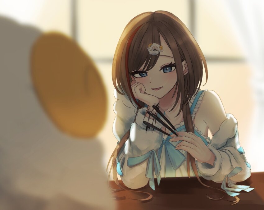1girl, blue_bow, blue_eyes, bow, brown_hair, elbow_rest, hair_ornament, hand_on_own_cheek