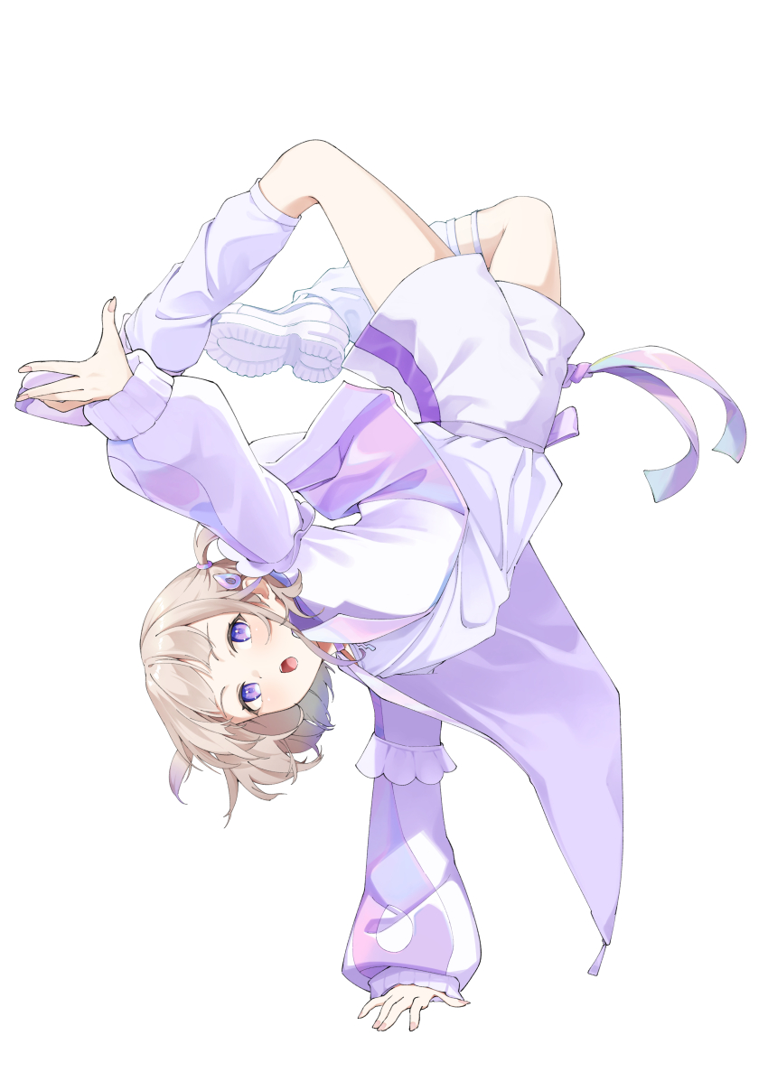 1girl, absurdres, blonde_hair, blush, breakdance, commentary_request, fingernails, full_body