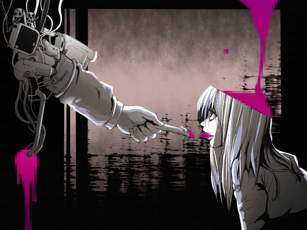 1girl, @_@, aimaina, camcorder, censored, censored_food, censored_violence, doushite-chan, fake_censor, feeding, food, guro, kusare_gedou_to_chokorewito_(vocaloid), kusaregedou_to_chokorewito_(vocaloid), long_hair, mechanical_arms, open_mouth, original, pinocchio-p, pinocchiop, single_mechanical_arm, spot_color, video_camera, vocaloid