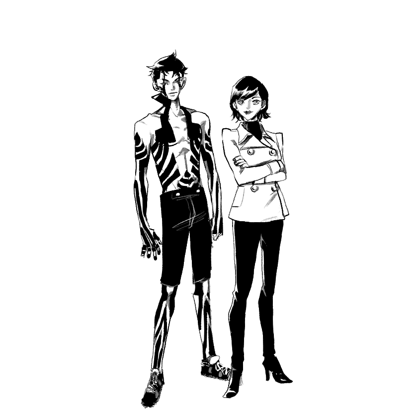 1boy, 1girl, body_markings, coat, crossed_arms, demi-fiend, full_body, greyscale