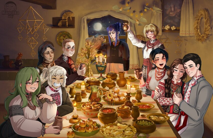 2boys, 6+girls, artist_collaboration, artist_request, bird, blonde_hair, blush, borscht_(food)