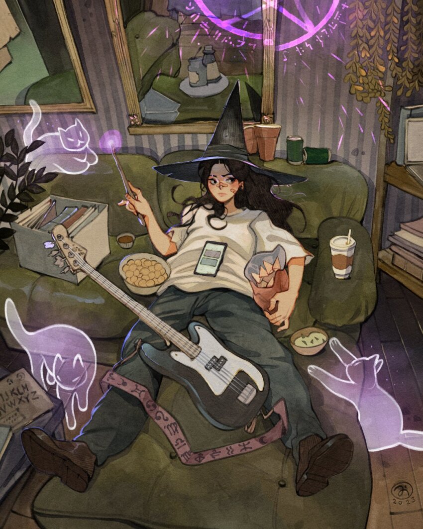 1girl, artist_logo, bag, bag_of_chips, bandaid, bandaid_on_face, bandaid_on_nose, black_hair, blue_pants, book, bowl, box, brown_footwear, can, cat, cellphone, cheese_puffs, chips_(food), closed_mouth, couch, cup, denim, disposable_coffee_cup, disposable_cup, drink_can, earrings, food, full_body, ghost, glowing, guacamole, guitar, hanging_plant, hat, highres, holding, holding_bag, holding_wand, indoors, instrument, jeans, jewelry, logo, long_hair, looking_to_the_side, lying, on_back, on_couch, original, ottoman_(furniture), ouija, painting_(object), pants, pentagram, phone, plant, potted_plant, ramekin, runes, sauce, shirt, simz, slice_of_life, smartphone, soda_can, solo, t-shirt, wand, white_shirt, witch_hat, wooden_floor