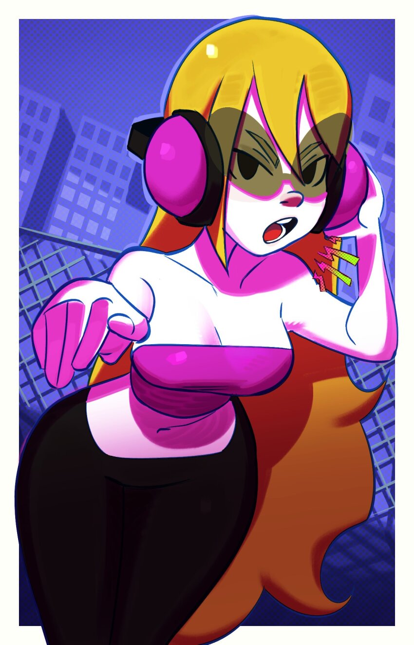 1girl, arm_up, black_pants, border, breasts, building, cleavage, colored_shadow