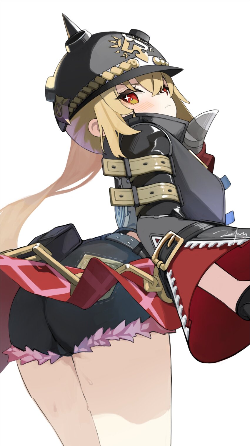 1girl, absurdres, ass, black_helmet, black_jacket, black_shorts, blonde_hair, blush