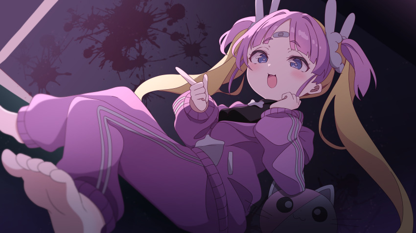 1girl, absurdres, bandaid, bandaid_on_face, bandaid_on_forehead, barefoot, ben_awa, black_shirt