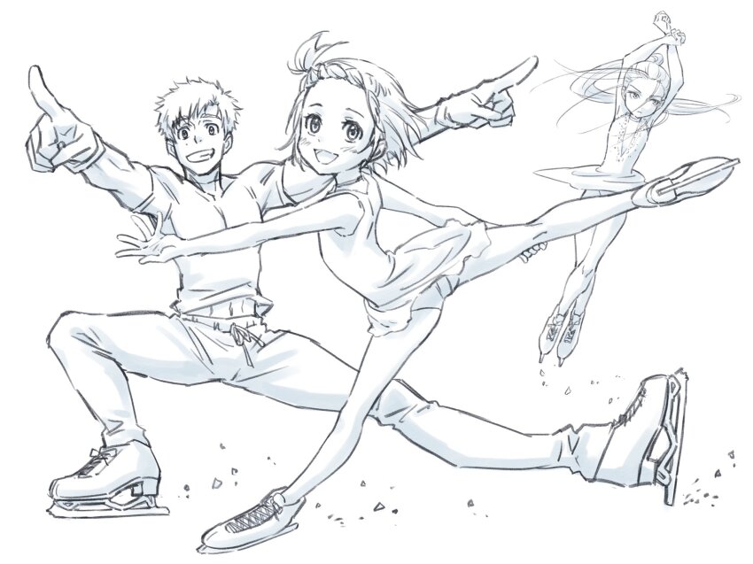 1boy, 2girls, akeuraji_tsukasa, arms_up, commentary_request, figure_skating, figure_skating_dress, full_body, highres, ice_skates, itou_noriko, kamisaki_hikaru, long_hair, medalist_(manga), monochrome, multiple_girls, open_mouth, ponytail, short_hair, skates, smile, yuitsuka_inori