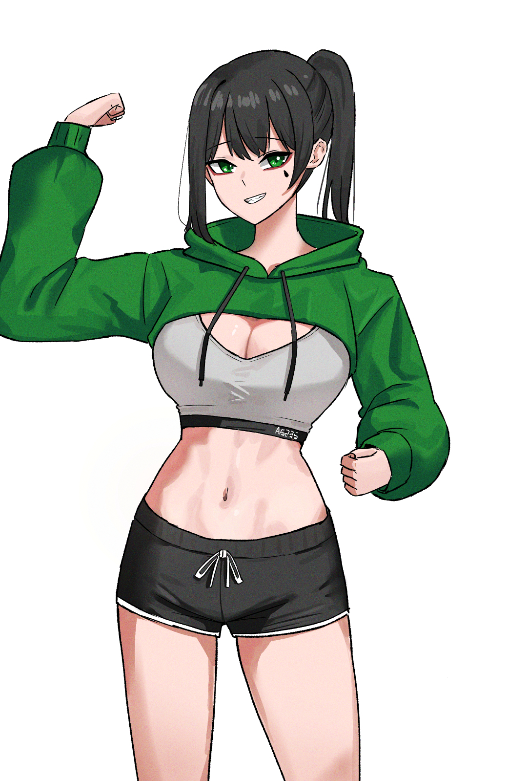 1girl, a5235, artist_name, asymmetrical_sidelocks, black_hair, black_shorts, breasts, cleavage