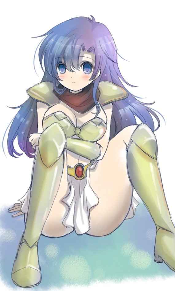 1girl, armor, armored_boots, asou_yuuko, bandana, bikini_armor, blue_eyes, blue_hair