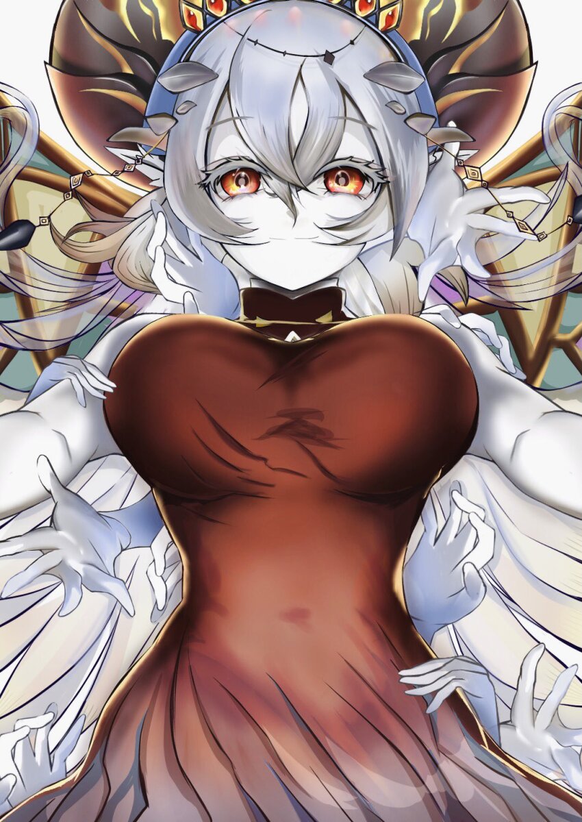 1girl, blazing_cartesia_the_virtuous, dress, duel_monster, ecclesia_(yu-gi-oh!), extra_hands, from_below, highres, looking_at_viewer, md_yoru, pale_skin, red_dress, red_eyes, sleeveless, sleeveless_dress, solo, torso, white_hair, yu-gi-oh!