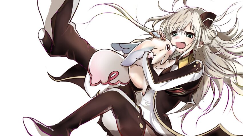 1girl, ahoge, animal, animal_hug, black_jacket, blonde_hair, duel_monster, floating_hair
