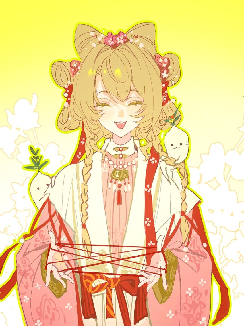 1girl, blonde_hair, bow, braid, cat's_cradle, chinese_clothes, closed_eyes, commentary, english_commentary, gradient_background, hanfu, highres, jewelry, lasiven, long_hair, long_sleeves, mandrake, necklace, official_alternate_costume, open_mouth, pink_hanfu, red_bow, red_ribbon, reverse:1999, ribbon, shuangyaji, smile, solo, sotheby, sotheby_(the_red_thread_of_fate), string, upper_body, wide_sleeves, yellow_background