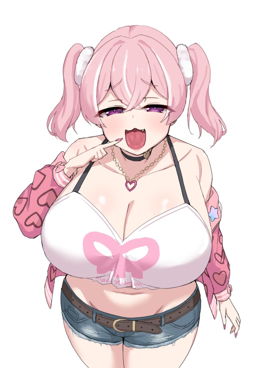 1girl, :3, absurdres, belt, breasts, choker, cleavage, crop_top, crossed_bangs, cutoffs, fang, fubuki_(princess_connect!), gyaru, hair_ornament, heart, heart_necklace, highres, huge_breasts, jacket, jewelry, navel, necklace, noe_(ppppriver), off-shoulder_jacket, off_shoulder, open_mouth, pink_hair, pink_nails, pointing_at_mouth, princess_connect!, purple_eyes, short_shorts, shorts, shortstack, solo, standing, tongue, tongue_out, twintails, white_background, wide_hips