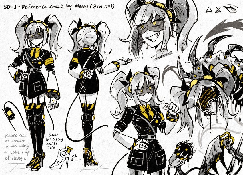 1girl, android, armband, black_jacket, reference_sheet, formal_clothes, grey_hair, hairband