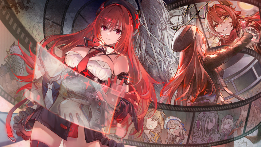 2girls, anis_(nikke), beret, black_hat, black_jacket, black_skirt, breasts, commentary