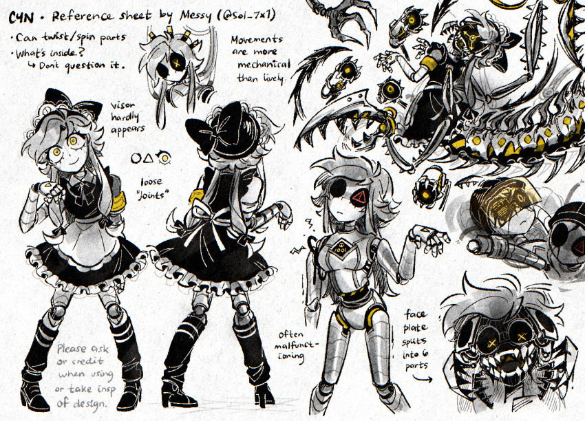 1girl, armband, black_bow, black_bowtie, black_dress, bow, bowtie, collared_suit, contrast_collar, cyn_(murder_drones), double_horizontal_stripe, dress, frilled_vest, frills, glove_cuffs, horizontal-striped_socks, humanoid_robot, lace-trimmed_headwear, lace_trim, long_hair, looking_at_viewer, low-tied_sidelocks, mechanical_arms, murder_drones, open_mouth, orange_armband, puffy_short_sleeves, puffy_sleeves, reference_sheet, robot, short_hair_with_long_locks, short_sleeves, sidelocks, small_pupils, smile, sunlit-mess, vest, yellow_eyes