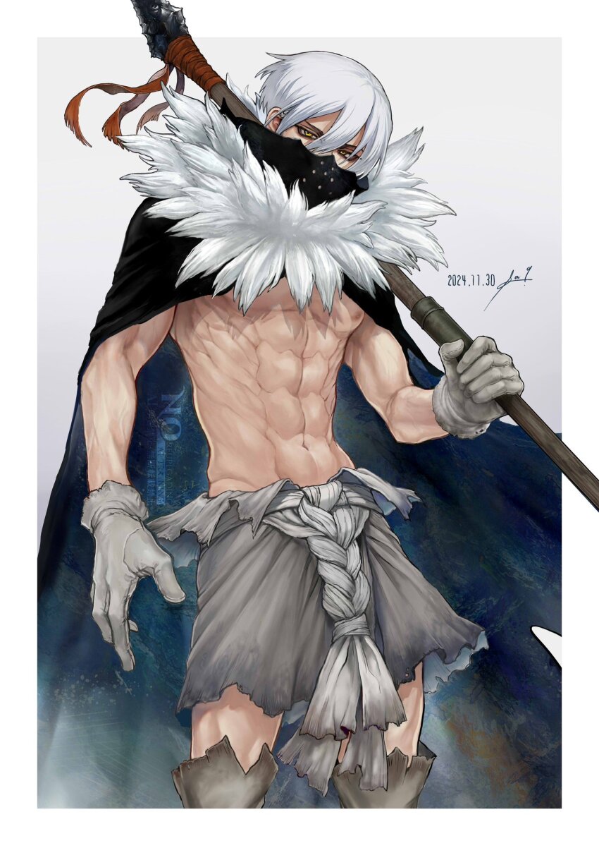 1boy, abs, black_cape, border, cape, commentary, covered_mouth, dated