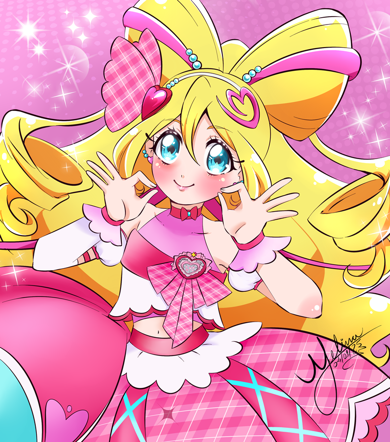 1girl, arm_warmers, blonde_hair, blue_eyes, blush, brooch, closed_mouth, cropped_shirt