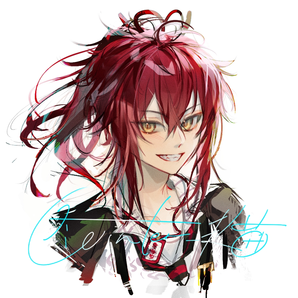 1boy, black_jacket, black_necktie, blush, collar_x_malice, enomoto_mineo, grey_background, jacket