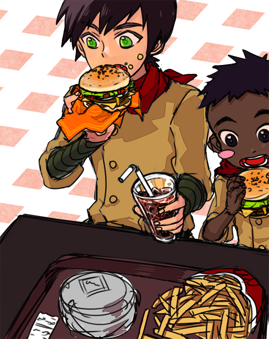 2boys, black_hair, boo_(ima_soko_ni_iru_boku), brown_eyes, dark_skin, food, french_fries, green_eyes