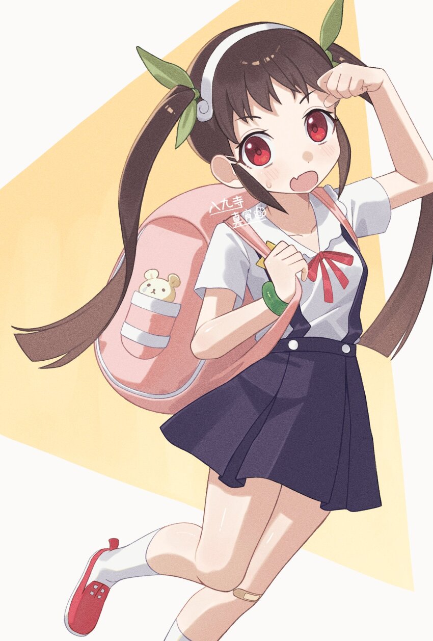 1girl, backpack, bag, bandaid, bandaid_on_knee, bandaid_on_leg, black_skirt, bow