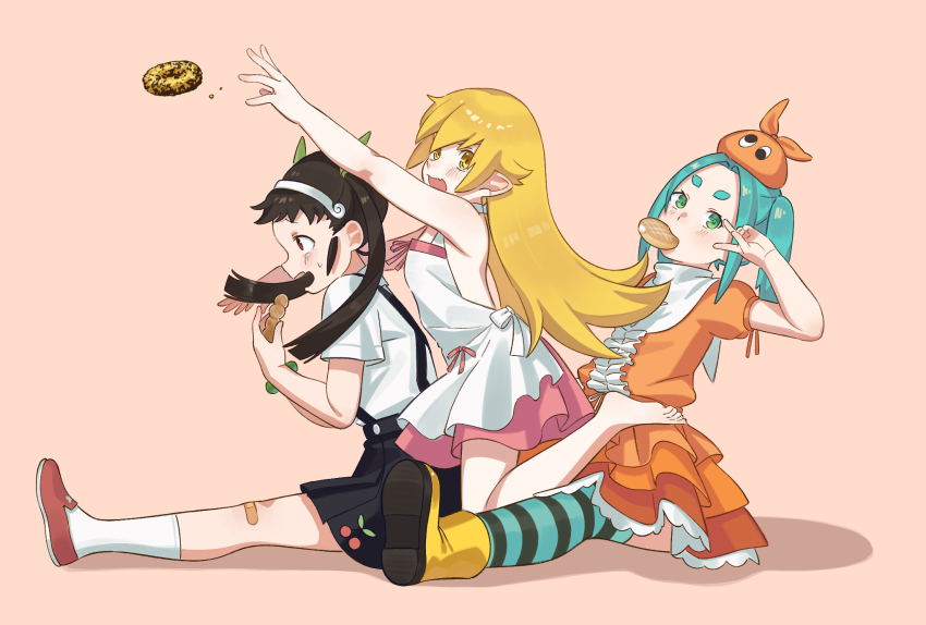 3girls, aqua_hair, bandaid, bandaid_on_knee, bandaid_on_leg, barefoot, black_hair, black_skirt, blonde_hair, boots, bow, bread, collared_shirt, donut, dress, eating, fang, flat_chest, food, green_bow, green_eyes, green_thighhighs, hachikuji_mayoi, hair_between_eyes, hair_bow, hair_ornament, hairband, hand_up, highres, horizontal-striped_thighhighs, kneeling, leaning_back, light_blush, long_hair, looking_ahead, looking_at_viewer, medium_hair, melon_bread, monogatari_(series), multiple_girls, nek0n0_o, ononoki_yotsugi, open_mouth, orange_dress, oshino_shinobu, parted_bangs, puffy_short_sleeves, puffy_sleeves, rabbit_hair_ornament, red_eyes, red_footwear, rubber_boots, shirt, short_eyebrows, short_sleeves, sitting, skin_fang, skirt, sleeveless, sleeveless_dress, socks, straight_hair, striped_clothes, striped_thighhighs, surprised, suspender_skirt, suspenders, sweat, thick_eyebrows, thighhighs, twintails, v, white_dress, white_hairband, white_shirt, white_socks, yellow_boots, yellow_eyes