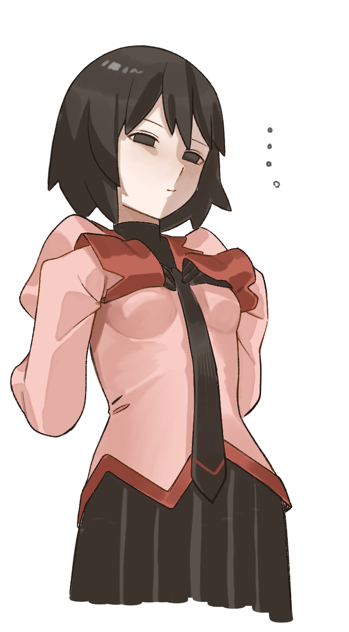 ..., 1girl, black_eyes, black_gloves, black_necktie, black_shirt, black_skirt, breasts, closed_mouth, cropped_legs, empty_eyes, gloves, greyscale, hair_between_eyes, highres, juliet_sleeves, lapels, light_smile, long_sleeves, looking_at_viewer, monochrome, monogatari_(series), naoetsu_high_school_uniform, necktie, nek0n0_o, oshino_ougi, puffy_sleeves, school_uniform, shirt, short_hair, simple_background, skirt, sleeve_cuffs, sleeves_past_wrists, small_breasts, solo, standing, straight_hair, turtleneck, turtleneck_shirt, white_background