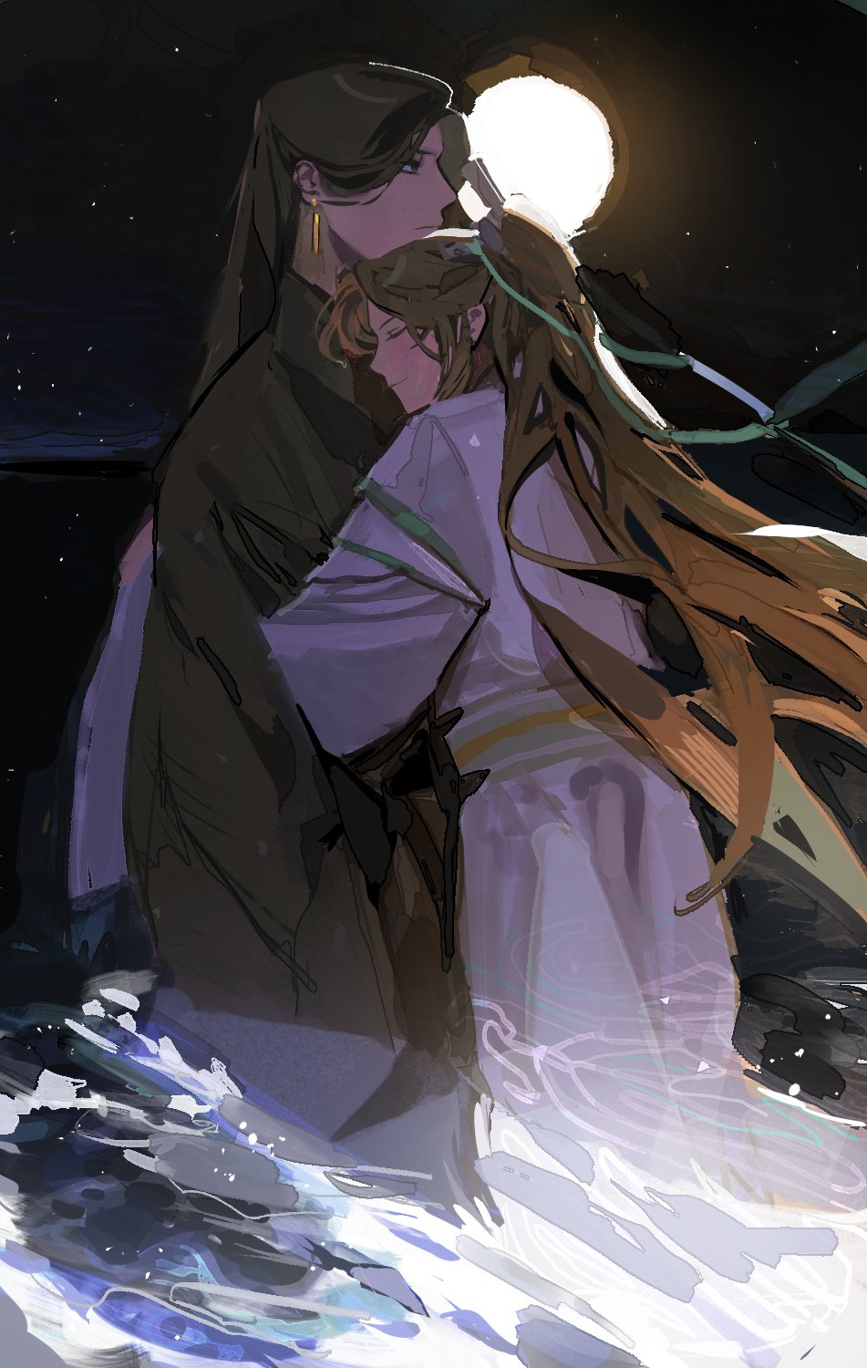 2boys, black_eyes, black_hair, black_hanfu, brown_hair, chinese_clothes, closed_eyes, cowboy_shot, earrings, full_moon, gold_earrings, green_ribbon, hanfu, he_xuan, high_ponytail, highres, hotae, hug, jewelry, long_hair, long_sleeves, male_focus, moon, multiple_boys, night, outdoors, ponytail, ribbon, ribboned_xiao_guan, shi_qingxuan, sky, smile, spoilers, standing, star_(sky), tianguan_cifu, wading, water, waves, wet, white_hanfu, wide_sleeves, xiao_guan_(headdress)