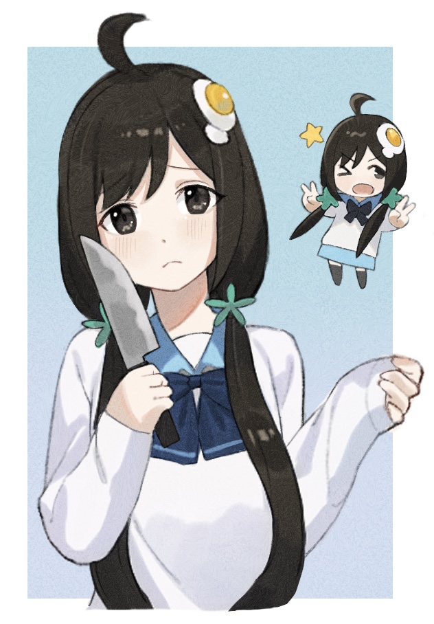 >_o, 1girl, ahoge, araragi_tsukihi, black_eyes, black_hair, black_thighhighs, blue_bow