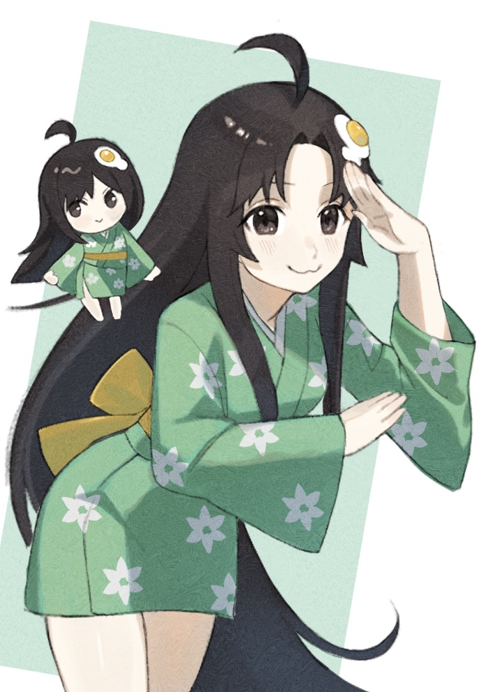 1girl, :>, :3, ahoge, araragi_tsukihi, black_eyes, black_hair, chibi