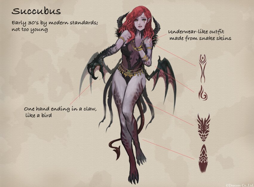 1girl, absurdres, arm_tattoo, armlet, breasts, claws, concept_art, demon_girl