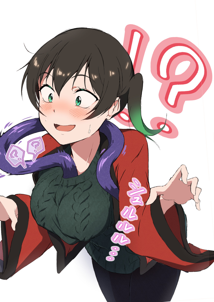 !?, 1girl, absurdres, between_breasts, black_hair, black_pants, blush, breasts, cable_knit, commentary_request, constricted_pupils, double-parted_bangs, embarrassed, gradient_hair, green_eyes, green_hair, green_sweater, hair_between_eyes, haori, highres, inside_clothes, japanese_clothes, large_breasts, love_live!, love_live!_nijigasaki_high_school_idol_club, medium_hair, multicolored_hair, pants, red_haori, sasuke_(love_live!), simple_background, solo, surprised, sweatdrop, sweater, takasaki_yu, twintails, two-tone_hair, white_background, zasshoku_ojisan