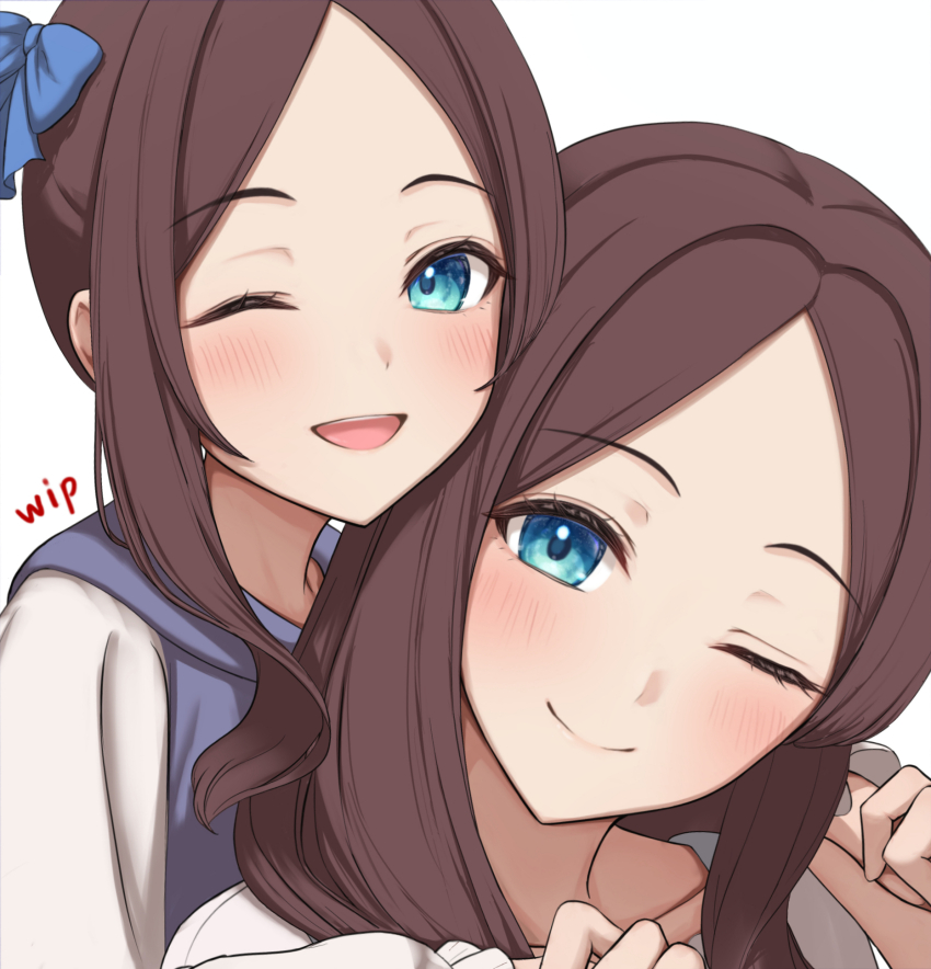2girls, blue_bow, blue_eyes, blush, bow, brown_hair, closed_mouth, commentary_request