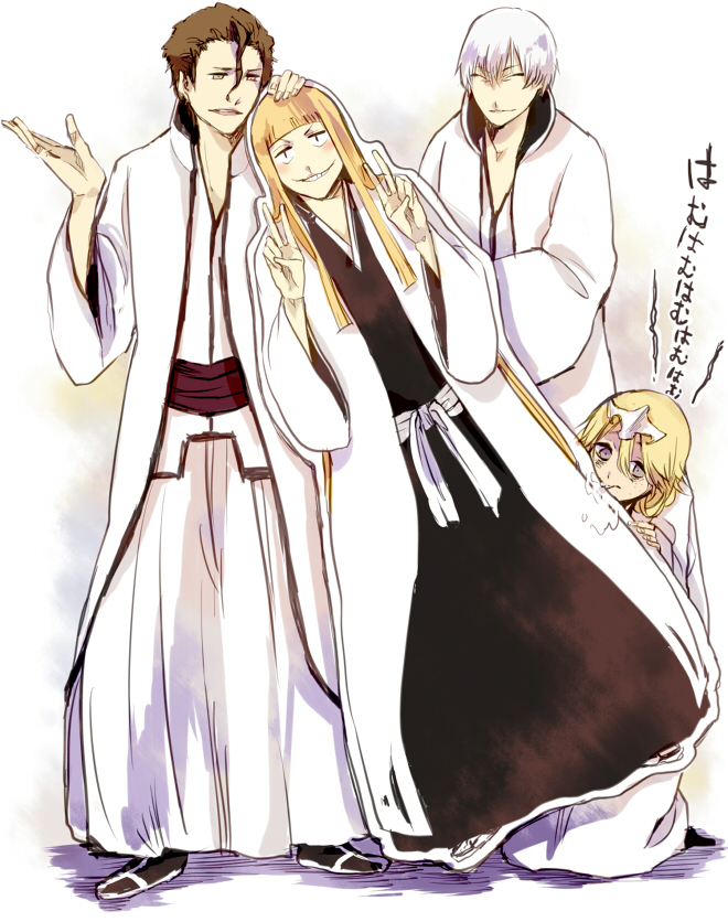 aizen_sousuke, biting, bleach, bleach:_turn_back_the_pendulum, blonde_hair, brown_eyes, brown_hair, cardboard
