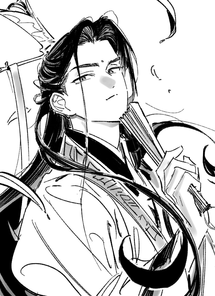 1boy, bindi, chinese_clothes, chuckchuck, closed_mouth, folded_fan, folding_fan, hand_fan, hanfu, highres, holding, holding_fan, korean_commentary, long_hair, long_sleeves, looking_at_viewer, male_focus, renzha_fanpai_zijiu_xitong, ribbon, ribboned_xiao_guan, shen_qingqiu, smile, solo, upper_body, wide_sleeves, xiao_guan_(headdress)