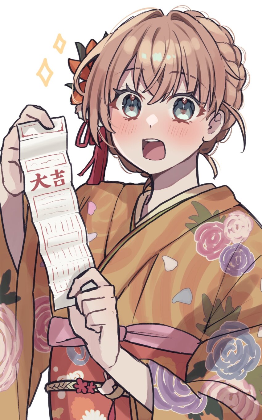 1girl, aqua_eyes, blush, crossed_bangs, floral_print, floral_print_kimono, floral_print_sash, flower, hair_flower, hair_intakes, hair_ornament, hasu_no_sora_karuta_(love_live!), highres, hinoshita_kaho, hinoshita_kaho_(hasu_no_sora_karuta), holding, holding_omikuji, japanese_clothes, kimono, lilac_(li_lac_3), link!_like!_love_live!, long_sleeves, looking_at_viewer, love_live!, obi, obiage, obijime, official_alternate_costume, omikuji, open_mouth, orange_flower, orange_hair, orange_kimono, print_kimono, red_sash, sash, short_hair, solo, sparkle, teeth, upper_body, upper_teeth_only, virtual_youtuber, white_background